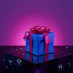 Sleek matte gift box on smooth navy fabric with red ribbon—3D-rendered, side-aligned composition offering stylish visual balance and room for text placement.