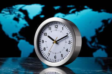 Global Time Management Concept with Analog Clock and World Map Background for Business