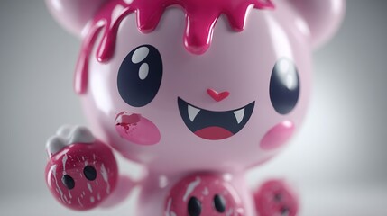 Pink toy figure with dripping strawberry glaze, cute face, and bright studio light