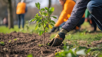 Planting a young tree sapling in a park with volunteers working in the background on a sunny day outdoors