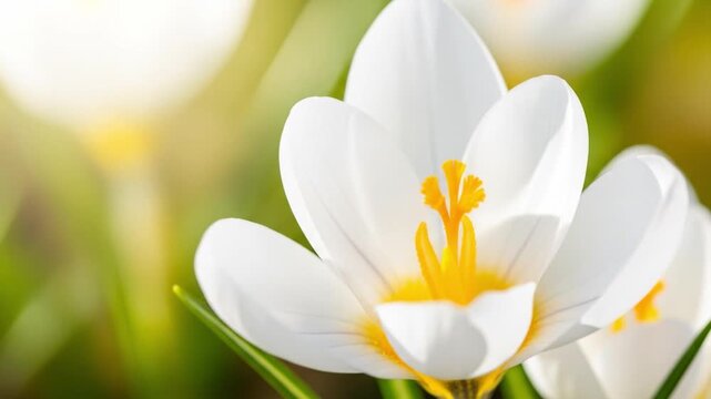 Close-up shot of Crocus flowers with white petals and yellow stamens, set in soft sunlight