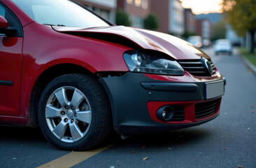 damaged red car with dented front hood parked on street. accident aftermath on urban road. transportation, safety awareness, insurance claims, auto repair concept