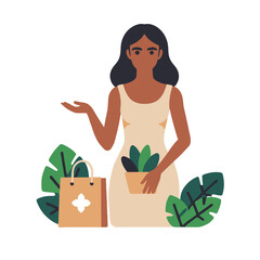 Woman with Shopping Bags and Plant-Eco-Friendly Lifestyle Illustration-Sustainable Living Concept-Promoting Green Choices and Conscious Consumerism-Vector Art