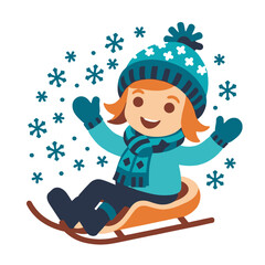 Girl Sledding in Winter Snow-Cute Cartoon Child in Hat and Scarf-Enjoying Winter Fun-Winter Holiday Illustration-Perfect for Kids Activities-Winter Season Graphics