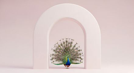 Majestic Peacock Displaying Feathers Under Elegant Archway A Symbol of Beauty and Grace with a minimalist background, capturing an essence of elegance and nature's wonder.