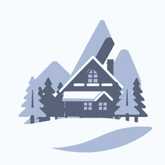 Winter Cabin Scene-Cozy Mountain Home in Snow-Holiday Getaway Illustration-Christmas Vacation Retreat-Snowy Landscape with Trees-Winter Holiday Card-Home Decor Idea