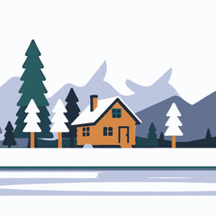 Winter Cabin Scene-Cozy Log Home in Snowy Landscape with Mountains and Trees-Peaceful Winter Getaway Illustration-Holiday Season Graphic