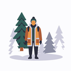 Winter Fashion Illustration-Man Wearing Warm Coat in Snowy Forest-Trendy Winter Outfit-Cold Weather Apparel-Winter Scene with Fir Trees-Stylish Winter Look