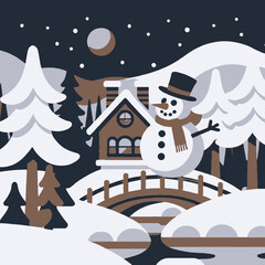 Winter Cabin Scene with Snowman Illustration-Festive Holiday Art-Snowy Landscape and Cozy Home-Christmas Season Graphic-Winter Wonderland Image