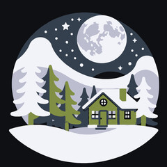 Winter Cabin Scene-Snowy Mountains-Full Moon Night-Holiday Illustration-Cozy Home in the Woods-Christmas Card Design-Festive Season Art-Winter Landscape-Cabin Getaway