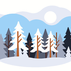 Winter Forest Illustration-Snow Covered Trees-Minimalist Landscape Design-Mountain Scenery Art-Blue Sky & Moon Graphic-Nature Inspired Background-Holiday Season Decor