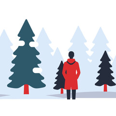 Winter Forest Walk-Man in Red Coat Exploring Snowy Trees-Peaceful Nature Scene-Holiday Season Illustration-Outdoor Adventure-Scenic Winter Landscape-Festive Mood