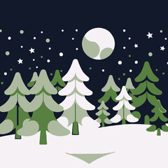 Winter Forest Landscape Illustration-Cartoon Trees Snow Scene under Starry Night Moon-Colorful Minimalist Holiday Season Art Background