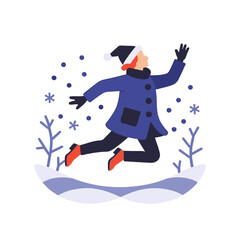 Winter Fun Girl Jumping in Snow-Celebrating Winter Season-Enjoying Snowy Weather-Winter Holiday Joy-Festive Winter Illustration-Snowy Landscape and Girl Cartoon