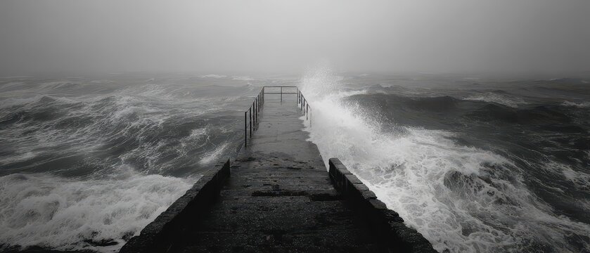 Stormy waves crash against a weathered pier - Powered by Adobe