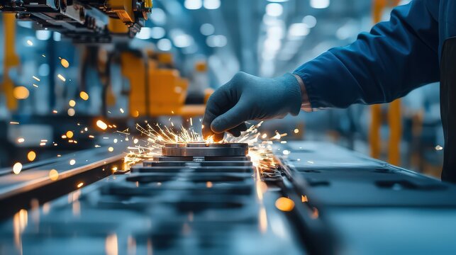 Worker in blue gloves grinding metal with sparks flying in an industrial manufacturing setting