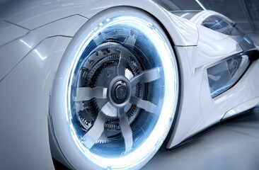 Futuristic white car's glowing wheel, detailed mechanical components visible