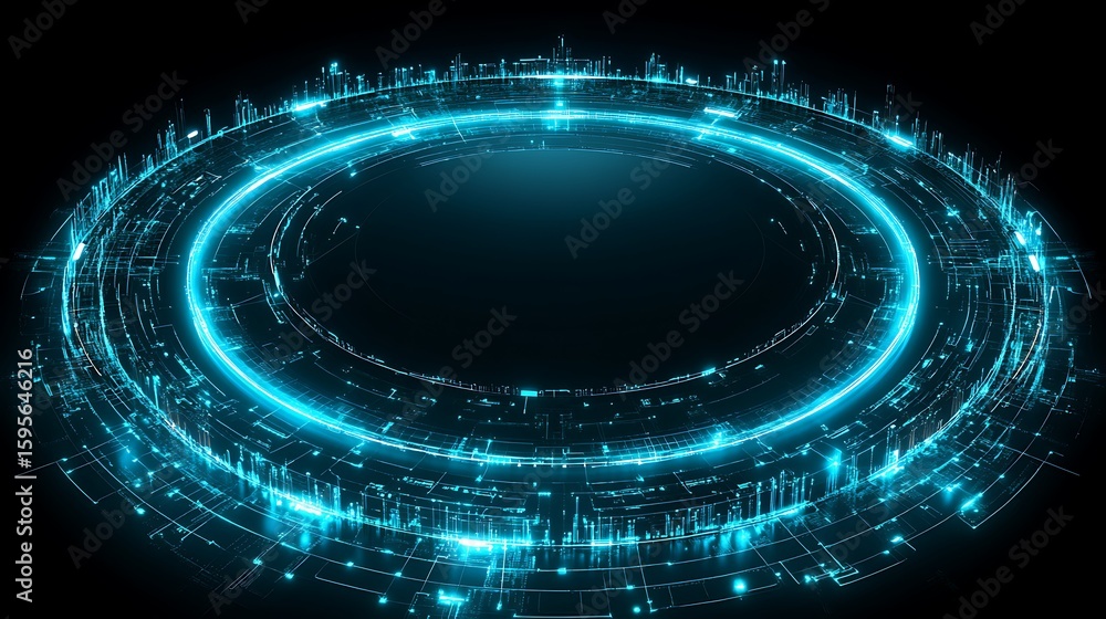 Poster circular digital network design with glowing lines.
