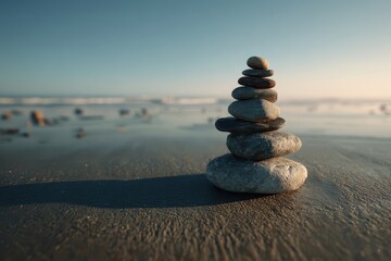 Fototapeta premium Stones stacked on beach. Waves in background. Balance. Calm, zen spa, website
