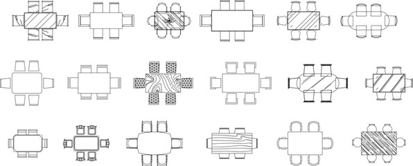 a grid of various table and chair vector diagrams, each depicting a layout for 6 chairs. The arrangements include different shapes of tables—rectangular, square, and oval—with chairs positioned around