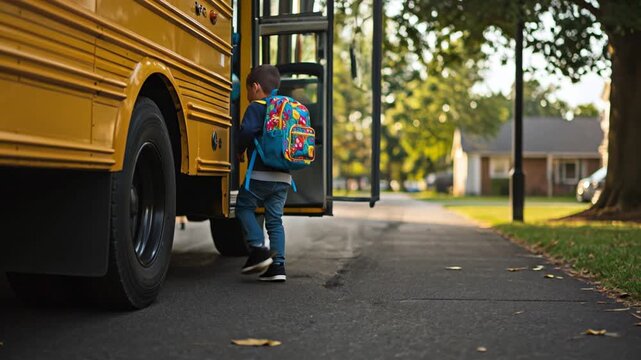 Little Kid Walking Up to Yellow School Bus in Morning