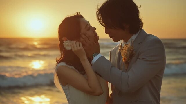 女性が海辺でシンプルな装いで寄り添う恋人同士