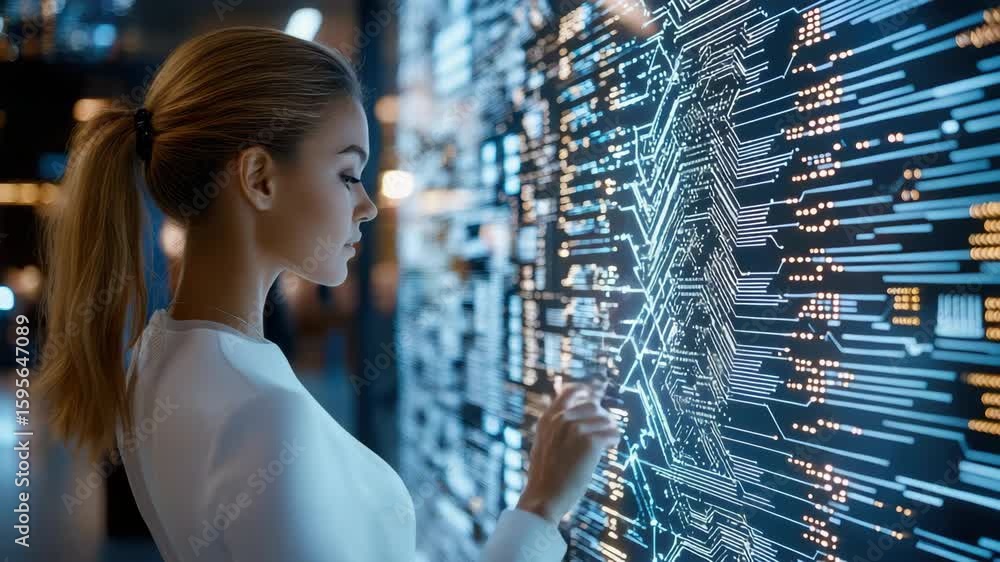 Poster futuristic digital technology woman interaction and data visualization in modern context