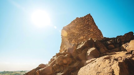 Stone tower atop a rocky hill under a clear sky.