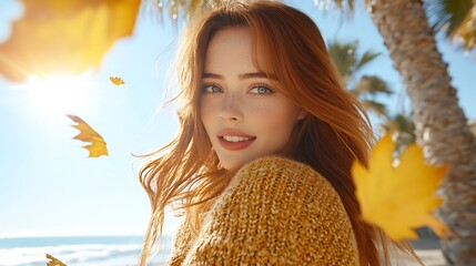 Woman in a mustard yellow sweater with falling autumn leaves.