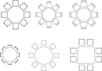 a collection of vector diagrams showcasing various table and chair arrangements, each specifically designed for 8 chairs. The layouts include circular tables with square or diamond-shaped chairs, and 