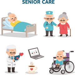 Fototapeta premium Caring for elderly: Hospital bed, doctor, walking aid, wheelchair, and home care.