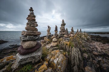 Stone towers balance on rocky beach, cloudy sky. Focus or meditative stock use