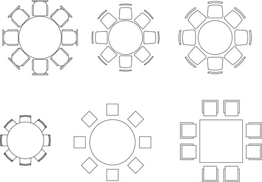 a collection of vector diagrams showcasing various table and chair arrangements, each specifically designed for 8 chairs. The layouts include circular tables with square or diamond-shaped chairs, and 