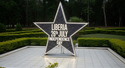 Illuminated Star Monument Celebrating Liberia's Independence Day, Outdoor Scene.
