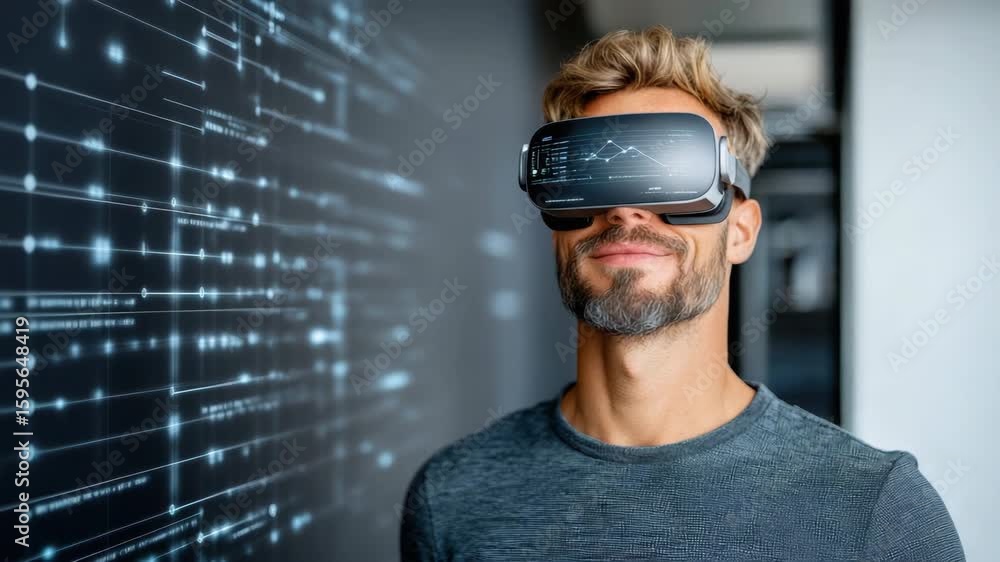 Aufkleber immersive virtual reality technology enhances experience with man in headset exploring digital data