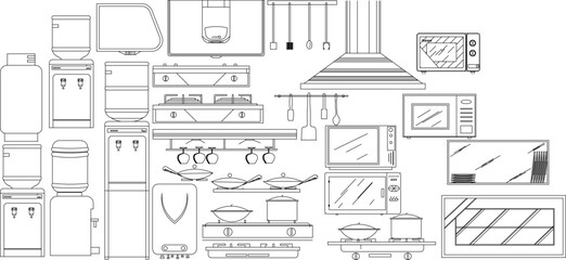  A collection of kitchen appliance and utensil line art vectors. It includes stoves, an oven, microwave, range hood, pots, pans, and hanging kitchen tools. The style is simple and outlines only.