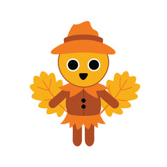 Fototapeta premium Autumn Themed Cartoon Scarecrow With Leaves