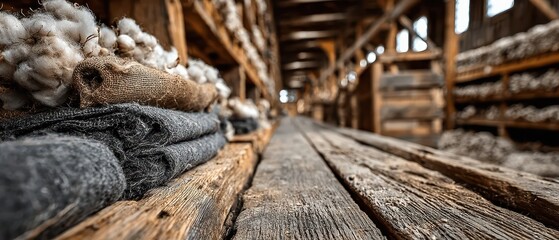 Cotton stored in old wooden warehouse