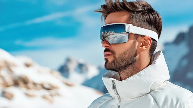 Stylish man in sunglasses enjoying winter outdoor adventure amidst snow, showcasing fashion trends