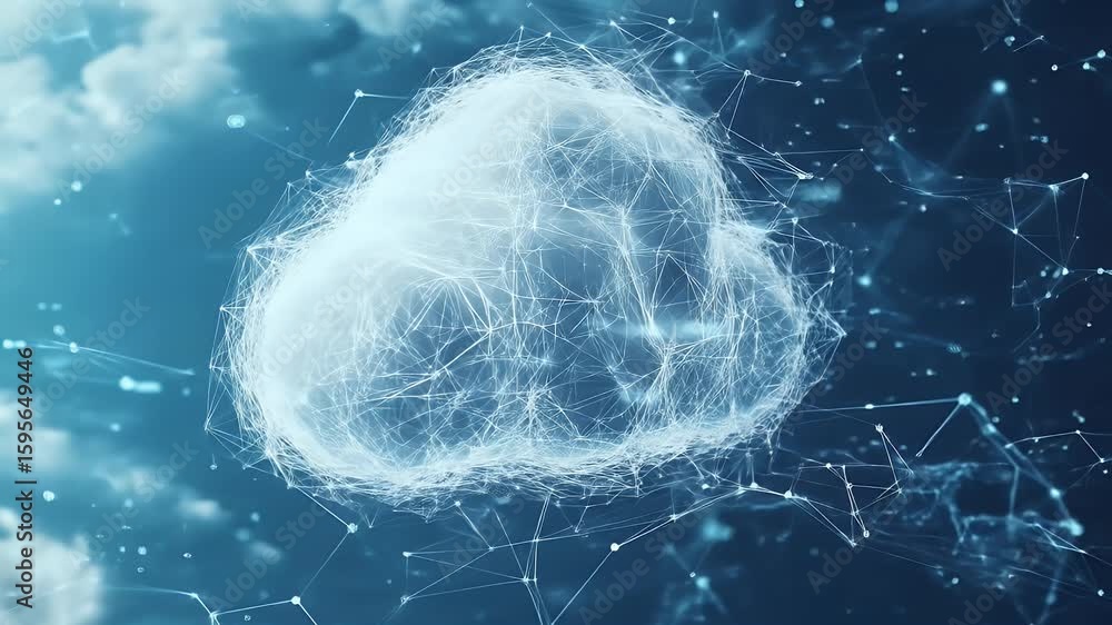Poster digital cloud formation with interconnected nodes representing network and data against a cloudy blu