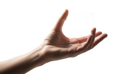 A human hand is reaching upwards, fingers extended, against a clean white background.