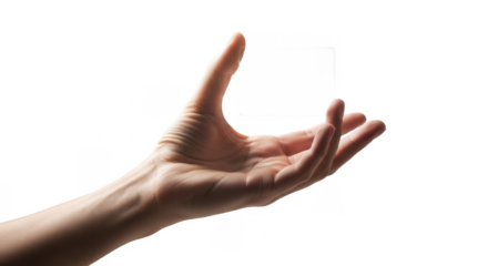 A human hand is reaching upwards, fingers extended, against a clean white background.