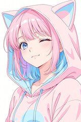 Anime woman winking wearing cat ear hoodie