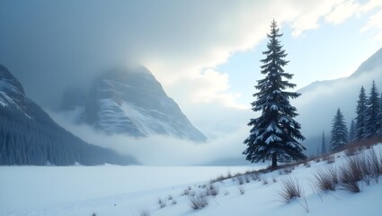 Expansive wide-angle vista of a solitary evergreen tree in winter