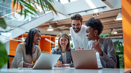 Multiethnic young business people collaborating in a modern office, bright and open space, natural light streaming in, diverse team dynamics, engaging expressions, high detail, professional attire - Powered by Adobe