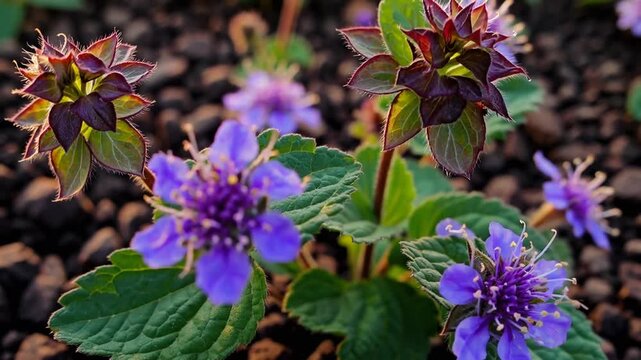 Rural Midwest landscape in early spring with native henbit wildflowers blooming