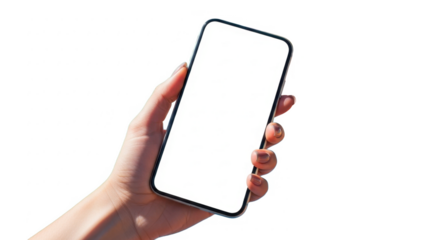 A woman's hand holds a smartphone with a blank screen, showcasing its modern design and potential for app display.