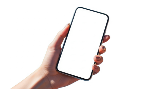 A woman's hand holds a smartphone with a blank screen, showcasing its modern design and potential for app display.