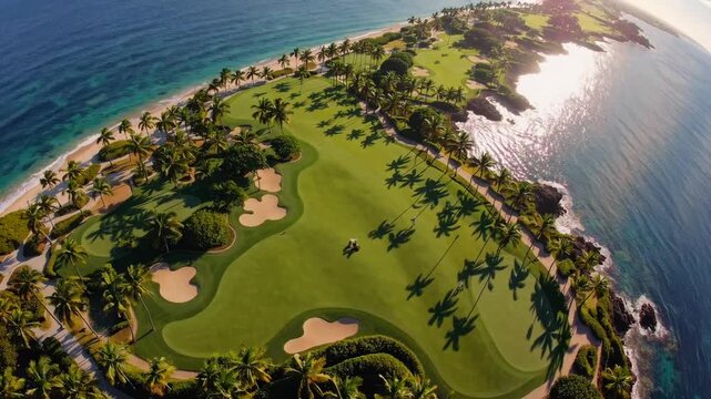 breathtaking panoramic vista of golf course stretching alongside the sea in Punta Mita, Nayarit, Mexico