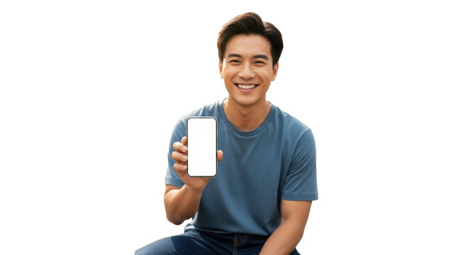 Happy young man showcasing a blank smartphone screen.